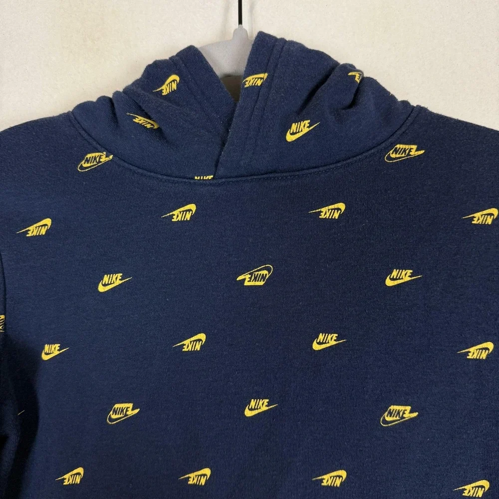 Nike Hoodie Sweatshirt Kids 6-7 Blue Fleece Pullover Allover Swoosh Logo Graphic